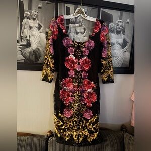 VENUS Red and Gold Cocktail Sheath Dress with Cuffed Sleeves